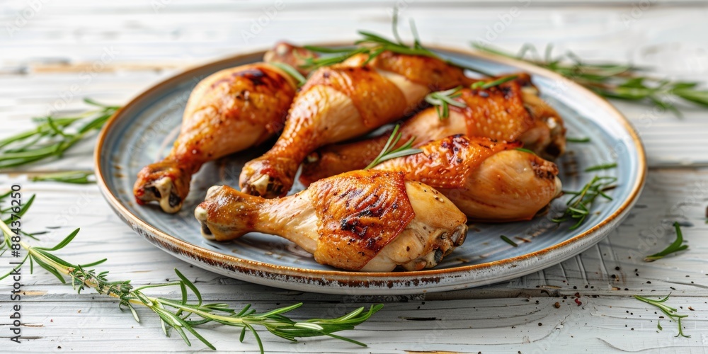 A plate of cooked chicken served with fresh rosemary sprigs A plate of cooked chicken served with fresh rosemary sprigs