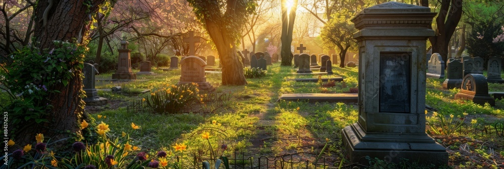 Peaceful old cemetery under warm glow of sun, surrounded vibrant spring foliage Peaceful old cemetery under warm glow of sun, surrounded vibrant spring foliage