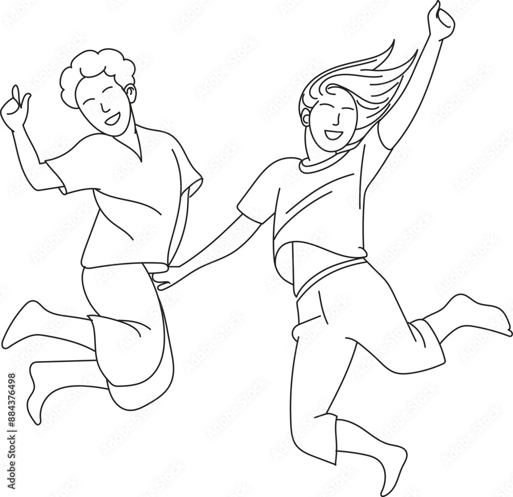Happy Kids jump with friend, hand drawn in thin line style Happy Kids jump with friend, hand drawn in thin line style