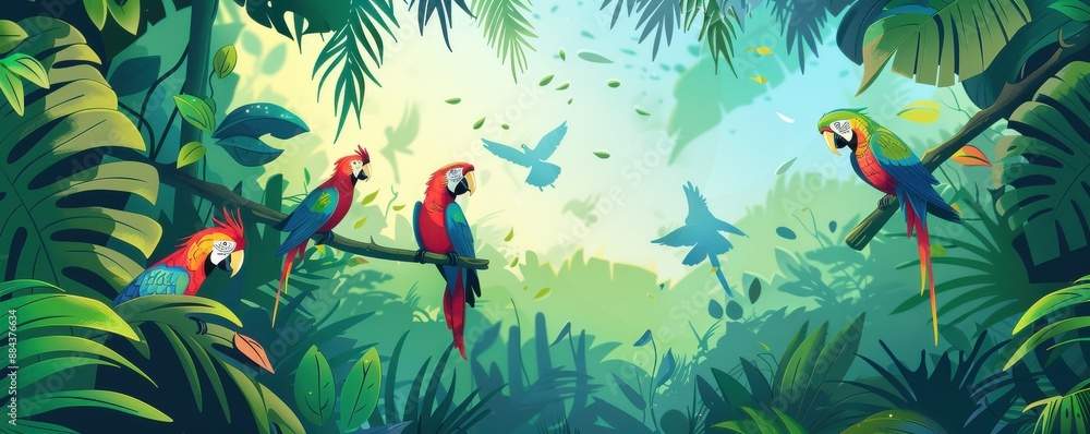 Two parrots are perched on a branch in a lush green jungle. Two parrots are perched on a branch in a lush green jungle.