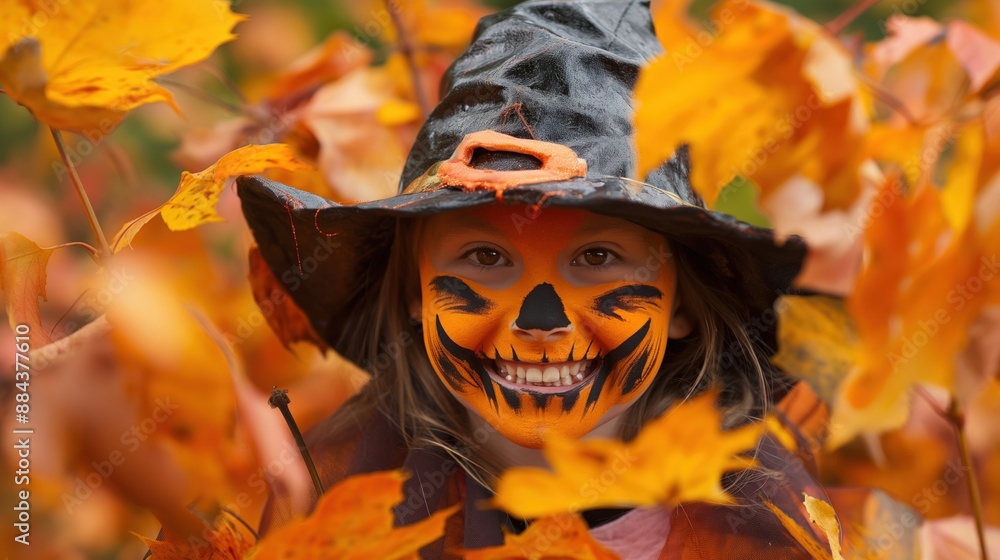 Naklejka premium Child in witch costume with autumn leaves