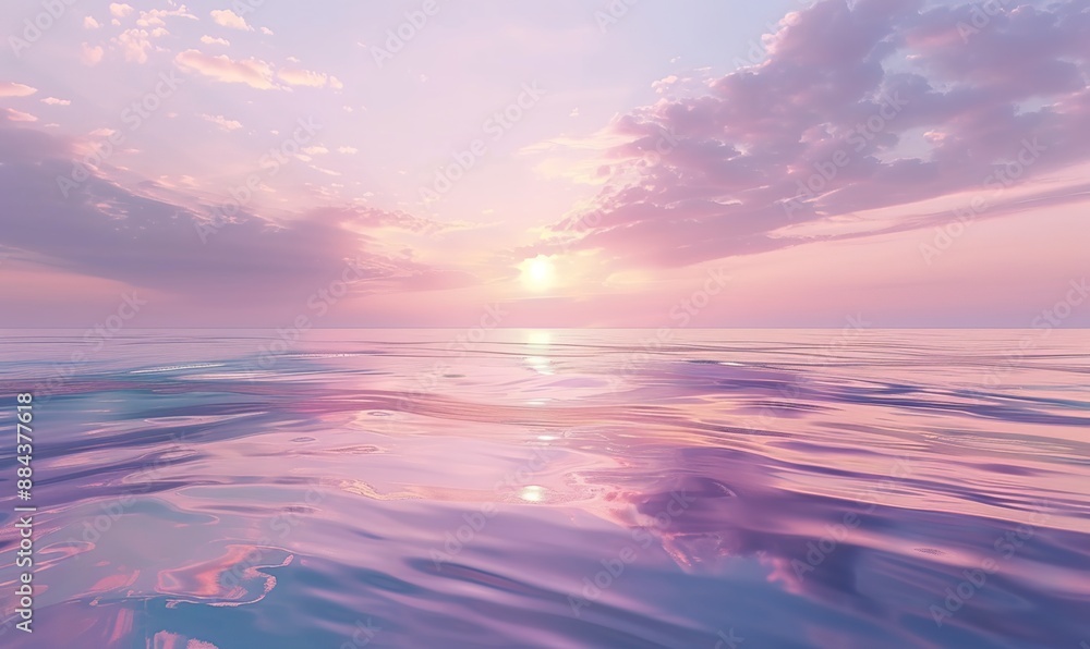 serene sunset over the ocean, with the sky painted in soft pink and purple hues and the calm water reflecting the colors