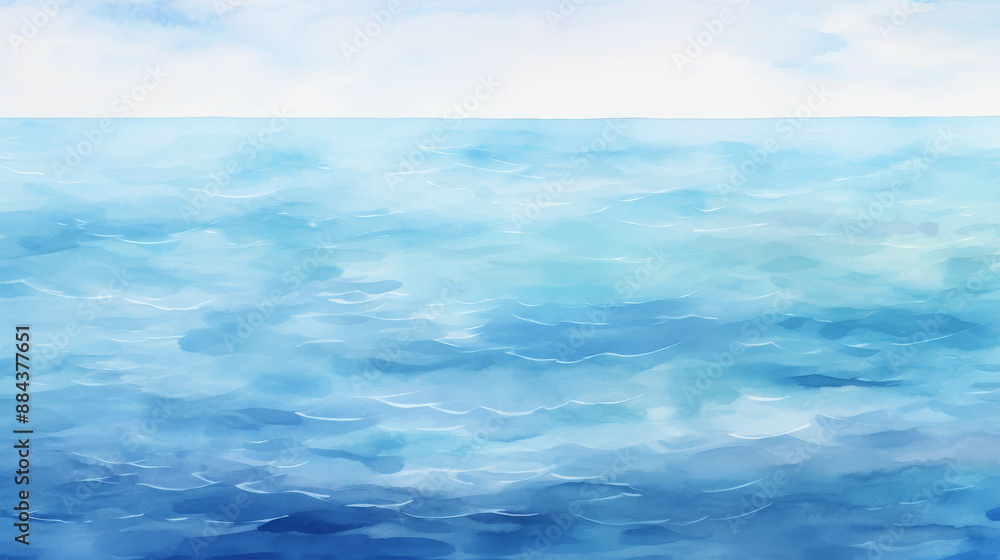 Fototapeta premium A serene and endless expanse of the ocean under a clear blue sky, painted in a delicate watercolor style that captures the calm and peaceful nature of the sea.