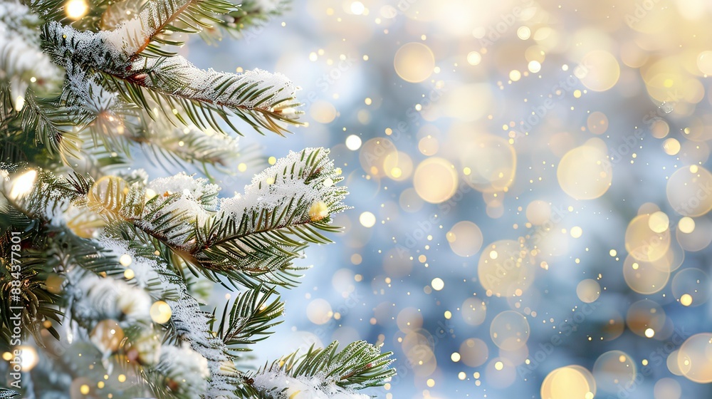 Pine tree background for Christmas decoration with snow and defocused lights Pine tree background for Christmas decoration with snow and defocused lights