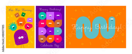 Festive birthday card set with colorful characters and fun typography, perfect for exuberant celebrations.