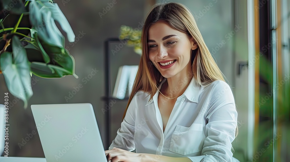 Portrait of beautiful smiling young businesswoman sitting at office bright modern work and typing on laptop Portrait of beautiful smiling young businesswoman sitting at office bright modern work and typing on laptop