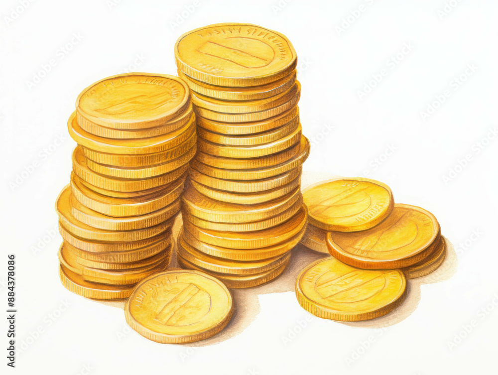 A stack of golden coins piled high, representing wealth, prosperity, and financial success with a shiny and attractive appearance. A stack of golden coins piled high, representing wealth, prosperity, and financial success with a shiny and attractive appearance.