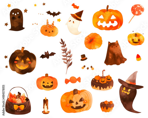 Set of halloween cute ghost and lovely halloween decorations, watercolor icon collection isolated on white background. PNG transparent background. photo