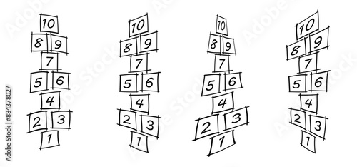 Cartoon hopscotch game on a floor, street or asphalt. Chalk drawing. School yard games. For kids playing hopscotch on playground. Hopscotch kid activity with numbers. Outdoor games for children sport.
