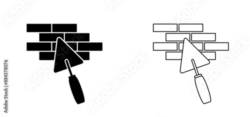 Cartoon masonry trowel, hand trowel for brickwork. Brick laying, brick wall and trowels. Construction vector icon or logo. Set of bricklayer and stucco trowels. Cement trowel, plastering trowel.