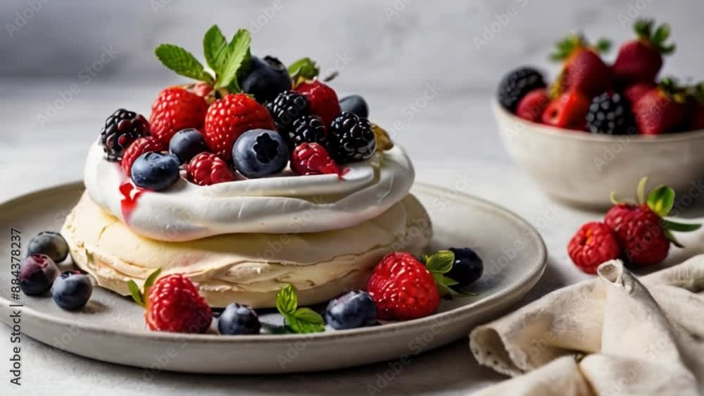Berry pavlova cake with fresh fruits, meringue cake, concept for background cafe, slow motion Berry pavlova cake with fresh fruits, meringue cake, concept for background cafe, slow motion