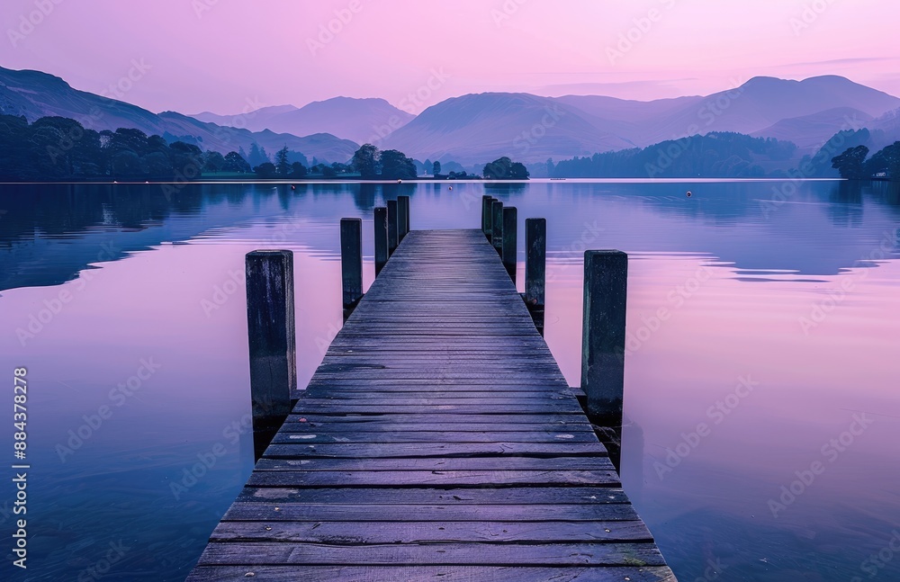 Obraz premium A long wooden jetty extending into the calm waters of Lake District's shockingly beautiful and serene crochet lake at twilight, reflecting the purple sky above, with distant mountains in soft focus.