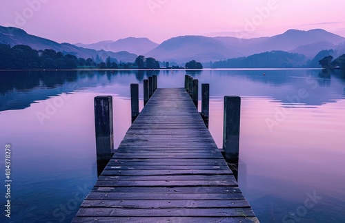 A long wooden jetty extending into the calm waters of Lake District's shockingly beautiful and serene crochet lake at twilight, reflecting the purple sky above, with distant mountains in soft focus. photo