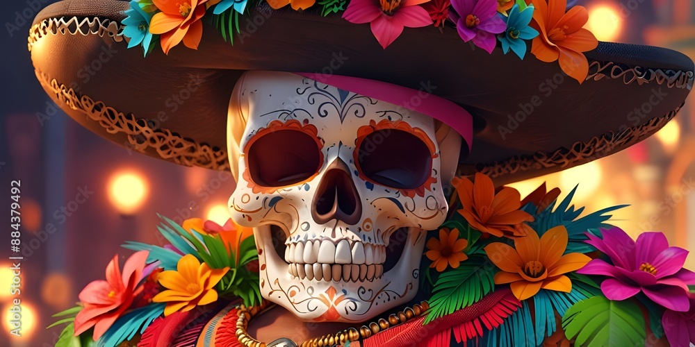 Day of the Dead Skull Holiday with Hat and Flowers 3D. Generative AI. Day of the Dead Skull Holiday with Hat and Flowers 3D. Generative AI.