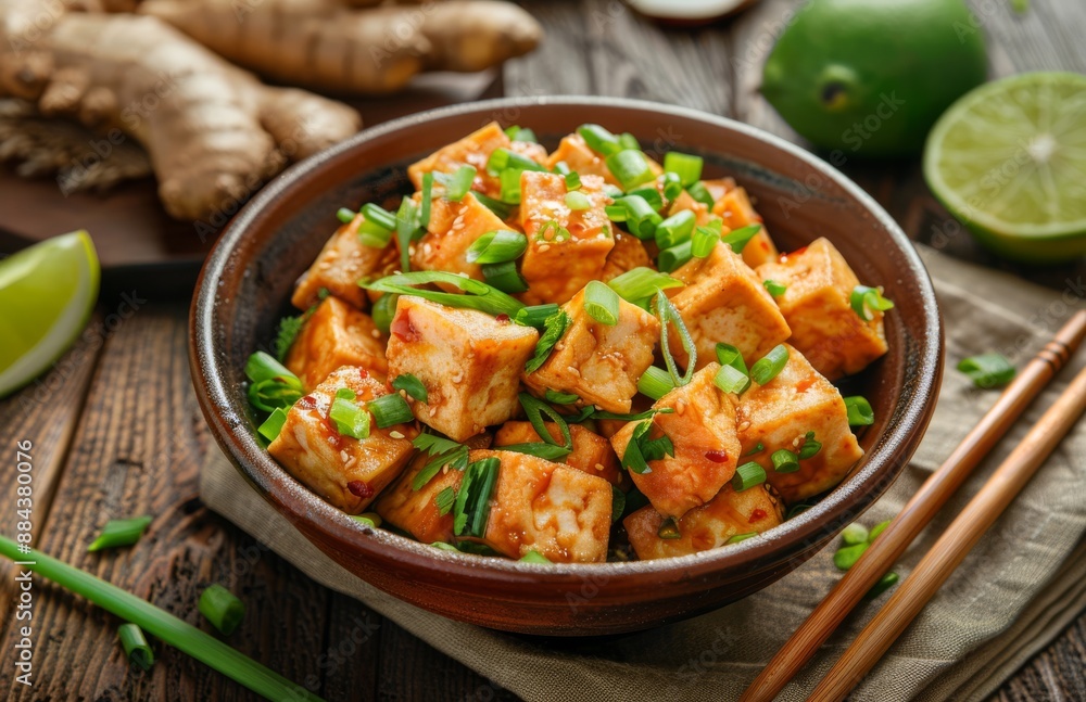 A delicious serving of crispy fried tofu garnished with fresh green spring onions in a rustic brown bowl, accompanied by wooden chopsticks, lime, and ginger A delicious serving of crispy fried tofu garnished with fresh green spring onions in a rustic brown bowl, accompanied by wooden chopsticks, lime, and ginger