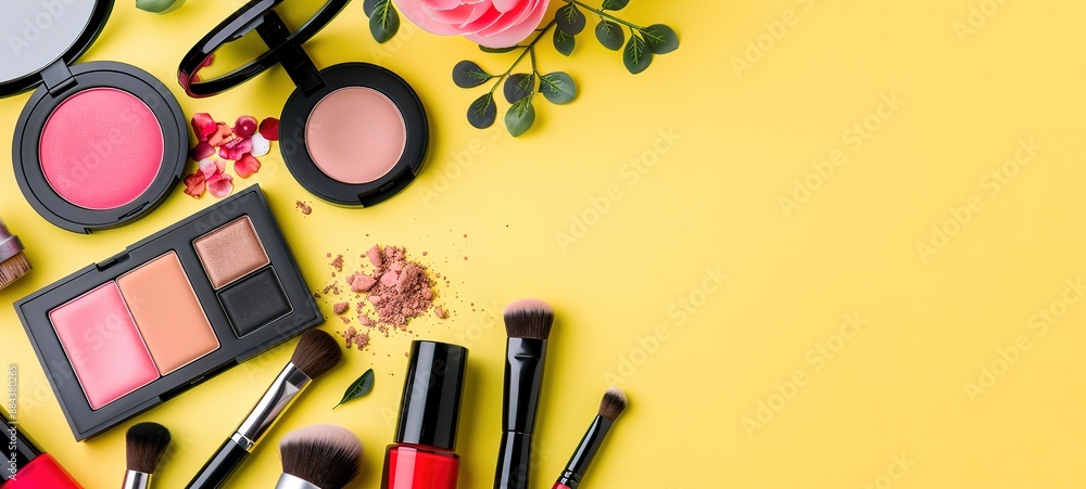 Collection of several cosmetics on a yellow background Collection of several cosmetics on a yellow background