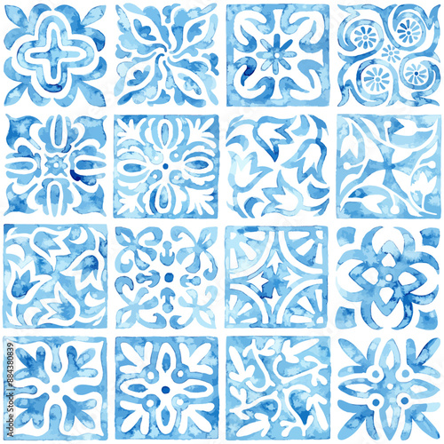 Seamless moroccan pattern. Square vintage tile. Blue and white watercolor ornament painted with paint on paper. Handmade. Print for textiles. Set grunge texture. Vector illustration.