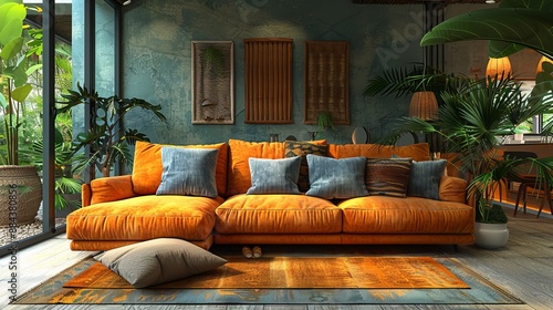 Embracing an eclectic design, this living room features an orange sofa with teal cushions, accented by tropical plants, projecting warmth and coziness of a zen-like atmosphere. photo