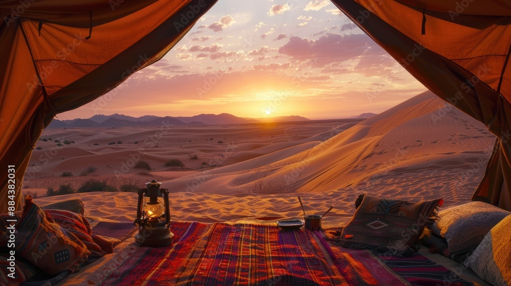Fototapeta premium a glamping adventure in the Sahara Desert, Morocco, with camel rides, desert picnics, and nights spent under the stars in luxury tents