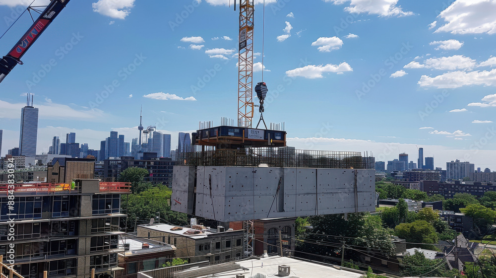 A crane hoisting concrete slabs to the upper floors of a modern building under construction, urban skyline in the background A crane hoisting concrete slabs to the upper floors of a modern building under construction, urban skyline in the background