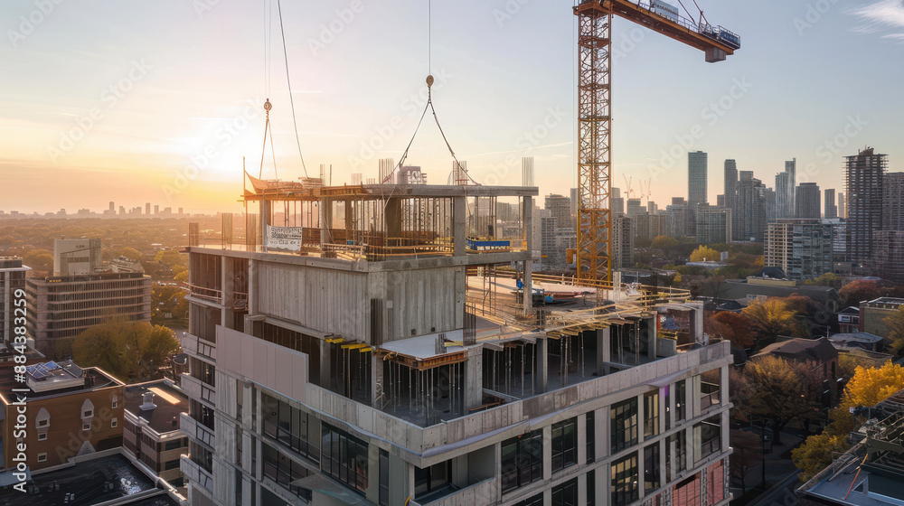 A crane hoisting concrete slabs to the upper floors of a modern building under construction, urban skyline in the background A crane hoisting concrete slabs to the upper floors of a modern building under construction, urban skyline in the background