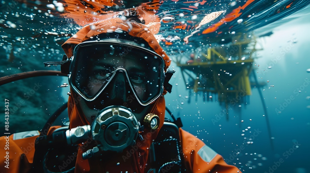 A man in an orange suit is underwater with a camera. The man is wearing a full diving suit and is wearing a mask A man in an orange suit is underwater with a camera. The man is wearing a full diving suit and is wearing a mask