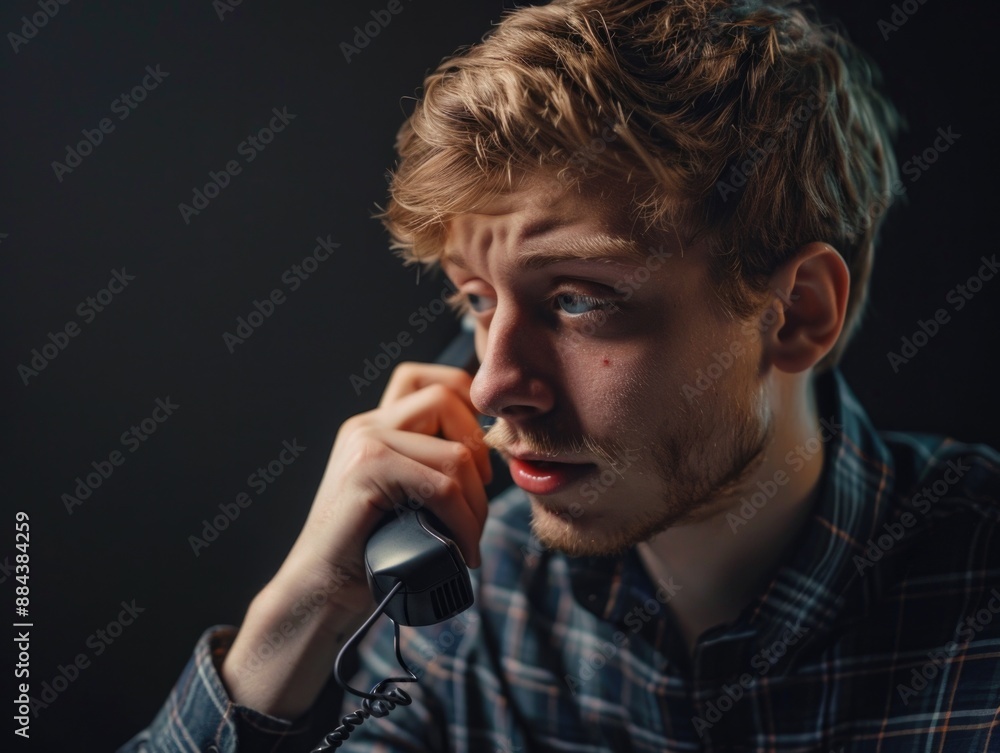 A person speaking on their mobile device, possibly in a public place A person speaking on their mobile device, possibly in a public place