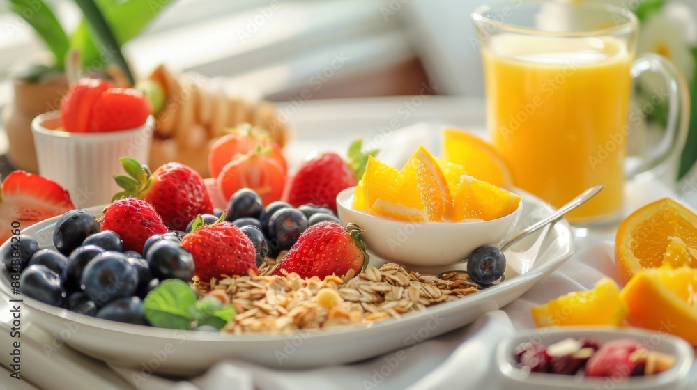 A healthy breakfast spread with orange juice, yogurt, granola, and fresh fruits on a tray. A healthy breakfast spread with orange juice, yogurt, granola, and fresh fruits on a tray.