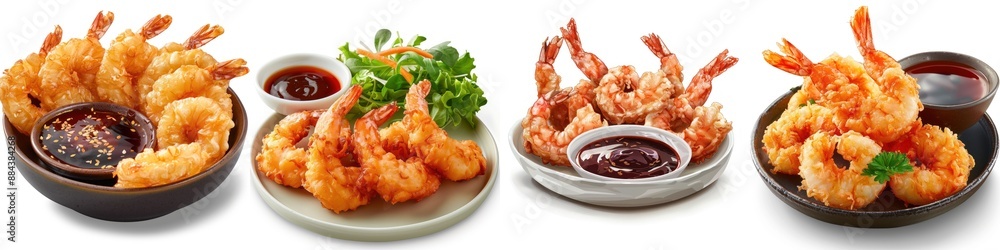 Assorted fried shrimp dishes presented in bowls and plates, accompanied by dipping sauce and garnishes, ideal for seafood lovers. Assorted fried shrimp dishes presented in bowls and plates, accompanied by dipping sauce and garnishes, ideal for seafood lovers.
