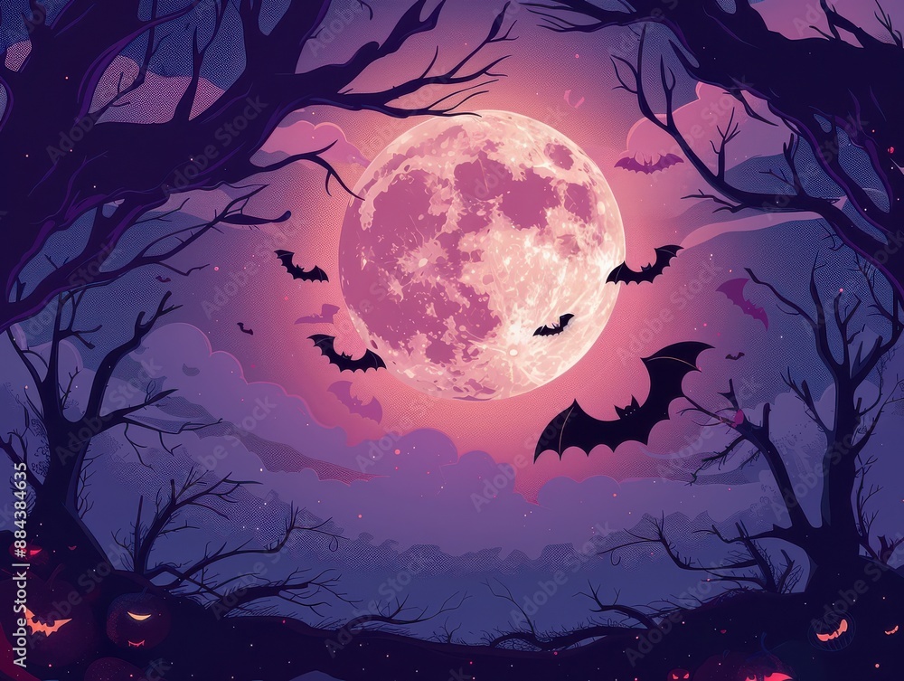 A moonlit night with bats flying around a tree. A moonlit night with bats flying around a tree.