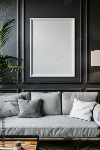 A chic living room with a gray sofa, contemporary art in a white frame, a dark wall backdrop, and a sophisticated ambiance accentuated by indoor plants and a cozy atmosphere. photo