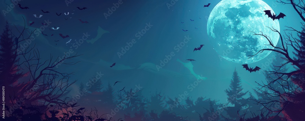 Obraz premium A moonlit night with bats flying around a tree.