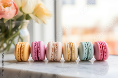 A colorful assortment of macarons in various flavors, neatly lined up on a marble surface, showcasing their delicate textures and pastel hues. photo