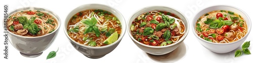 Four bowls of delicious, freshly prepared Vietnamese pho noodle soup garnished with herbs, lime, and chili peppers. Perfect for food enthusiasts.