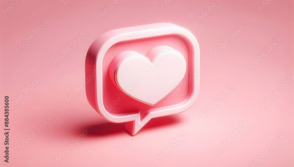 A pink 3D chat bubble with a white heart inside. The bubble is sitting on a pink background. A pink 3D chat bubble with a white heart inside. The bubble is sitting on a pink background.
