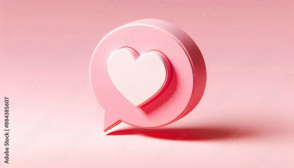 A pink 3D chat bubble with a white heart inside. The bubble is sitting on a pink background.