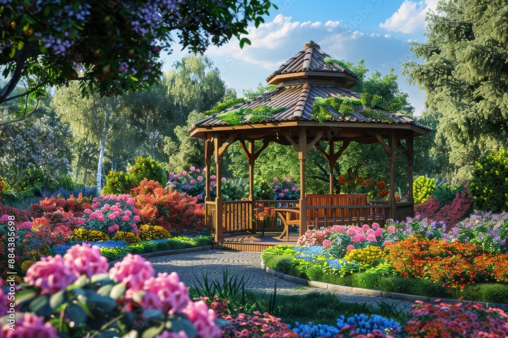 A picturesque gazebo surrounded by a kaleidoscope of flowers, perfect for a relaxing afternoon with a barbecue feast. The seating arrangement invites you to linger and unwind. A picturesque gazebo surrounded by a kaleidoscope of flowers, perfect for a relaxing afternoon with a barbecue feast. The seating arrangement invites you to linger and unwind.
