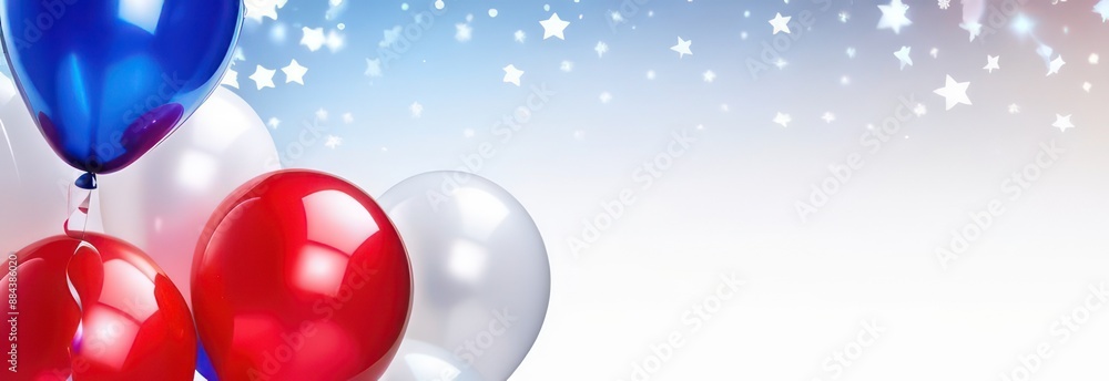 Banner Abstract flowing waves with red white blue balloons on white background with beautiful bokeh and with copy space Banner Abstract flowing waves with red white blue balloons on white background with beautiful bokeh and with copy space