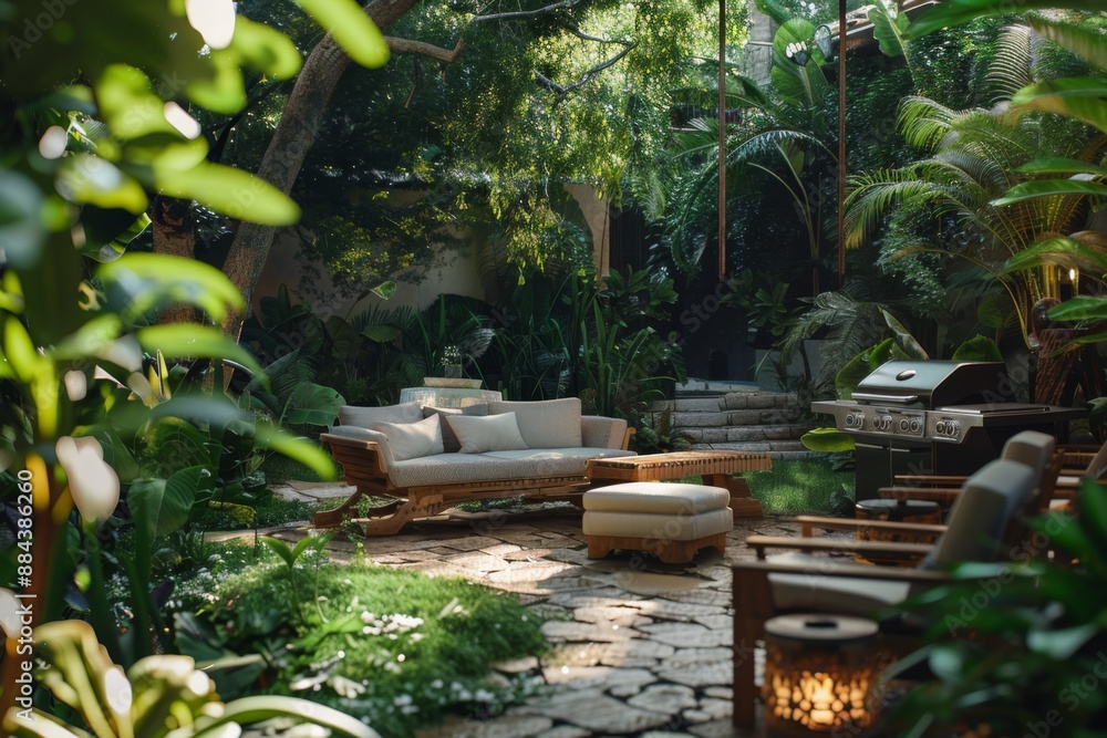 Unwind in this serene outdoor oasis, surrounded by lush greenery and savory BBQ aromas. Perfect for warm weather gatherings and relaxation. Unwind in this serene outdoor oasis, surrounded by lush greenery and savory BBQ aromas. Perfect for warm weather gatherings and relaxation.