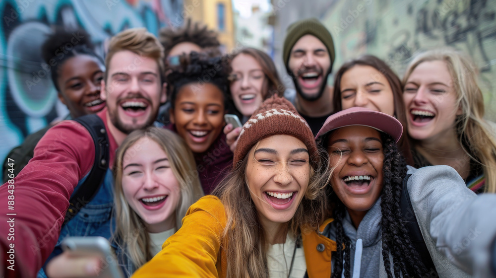 A group of friends taking a selfie with a smartphone, all smiling and laughing A group of friends taking a selfie with a smartphone, all smiling and laughing