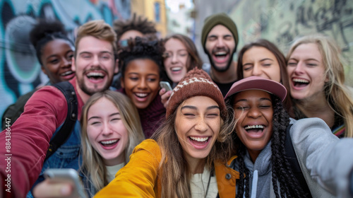 A group of friends taking a selfie with a smartphone, all smiling and laughing