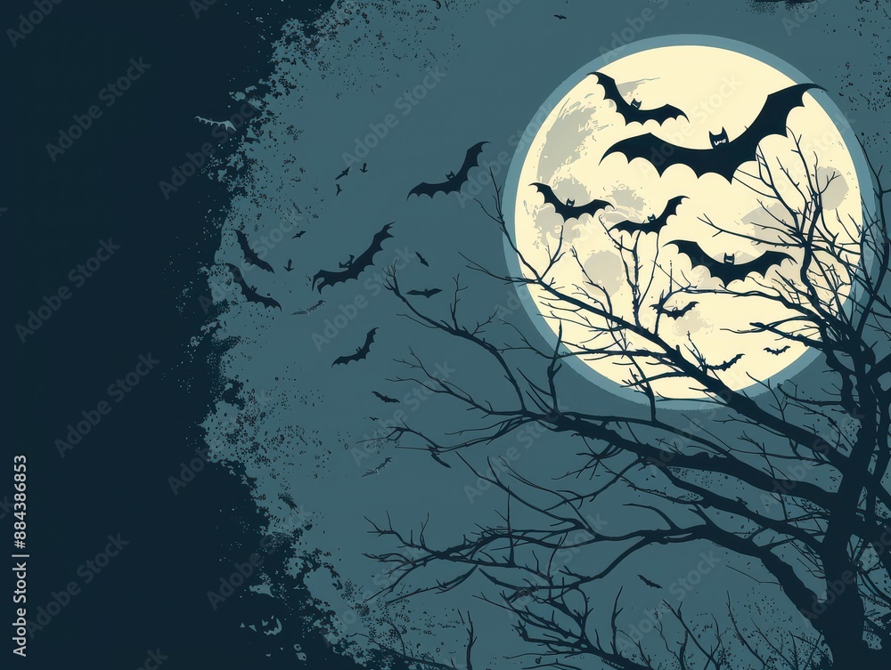 A moonlit night with bats flying around a tree. A moonlit night with bats flying around a tree.