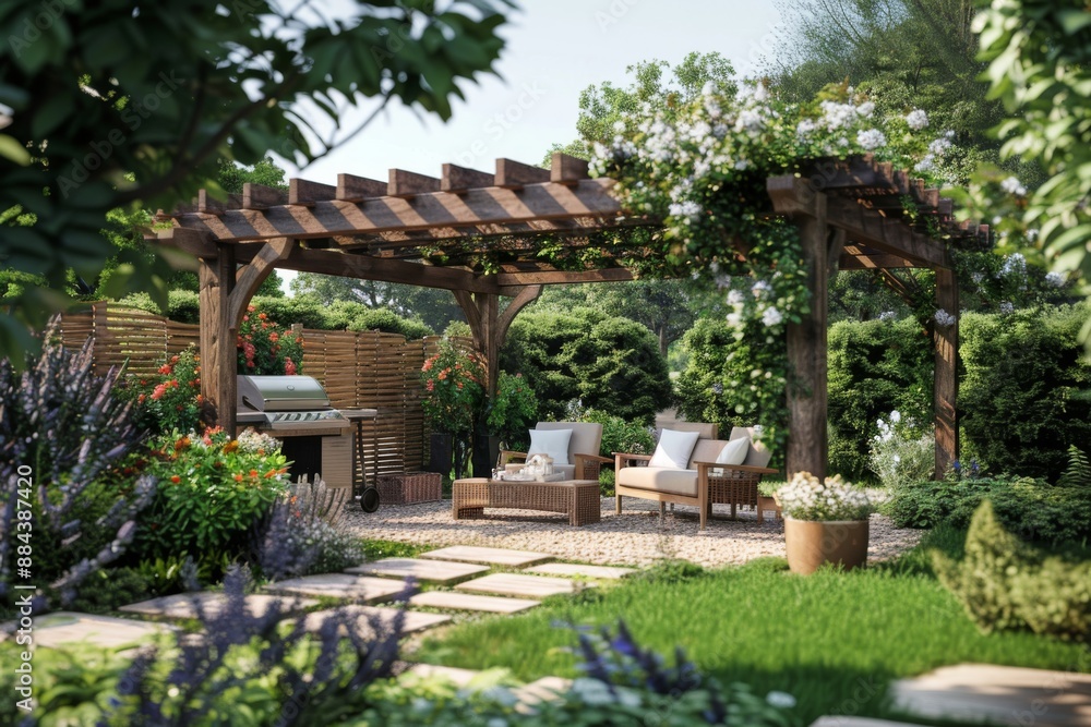 A picturesque garden scene showcasing a pergola with a barbecue setup and a seating area with charming garden furniture. A picturesque garden scene showcasing a pergola with a barbecue setup and a seating area with charming garden furniture.