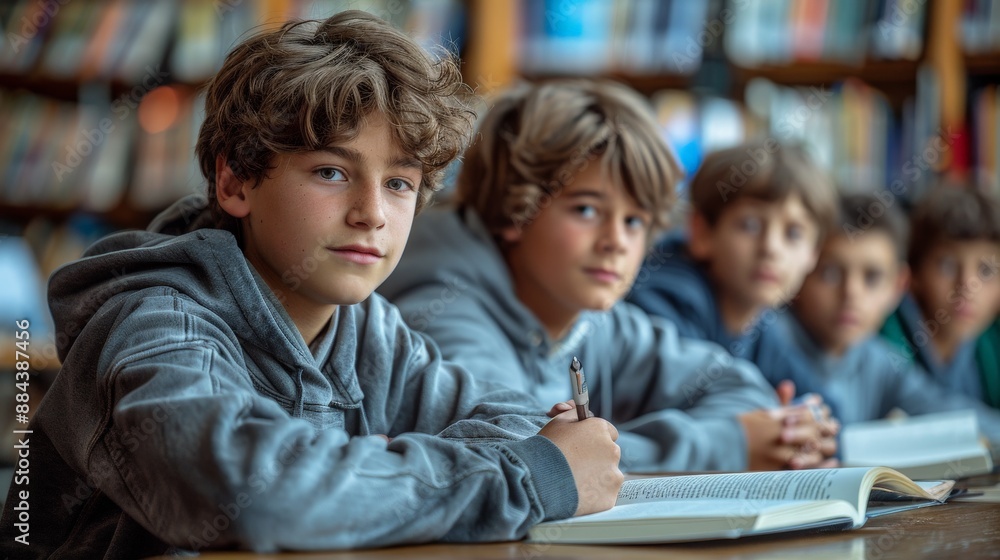 A group of young boys studying together, sitting on the floor with laptops and open books A group of young boys studying together, sitting on the floor with laptops and open books