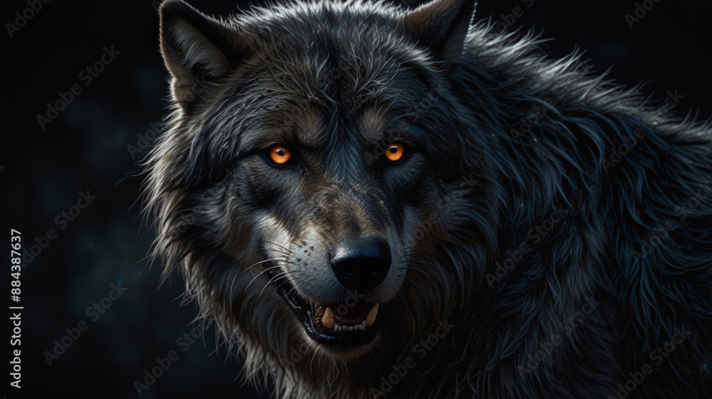 A mysteriously majestic werewolf, forever suspended in a state of in-between: fur a shimmering blend of silver and midnight black, fangs gleaming like polished obsidian, and amber eyes glowing with bo A mysteriously majestic werewolf, forever suspended in a state of in-between: fur a shimmering blend of silver and midnight black, fangs gleaming like polished obsidian, and amber eyes glowing with bo