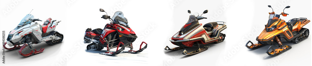 Set of four modern snowmobiles in various colors, isolated on a white background for winter sports and outdoor adventure concepts. Set of four modern snowmobiles in various colors, isolated on a white background for winter sports and outdoor adventure concepts.