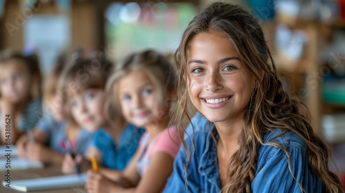 A smiling young girl in a classroom, concept back to school.
