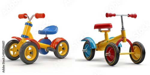 Two colorful children tricycles on a white background. Ideal for kids' transportation and outdoor fun.