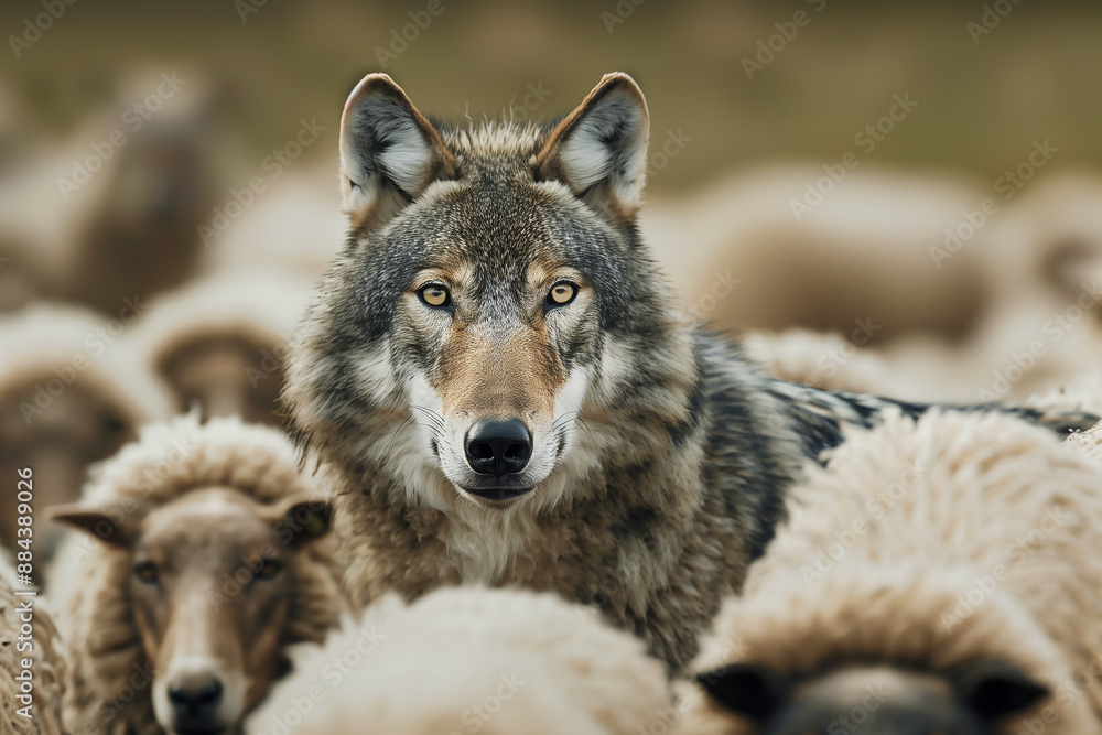 A wolf stands amongst sheep - a concept image that represents a wolf in sheep's clothing idiom of biblical origin - danger from within - series - predator and prey A wolf stands amongst sheep - a concept image that represents a wolf in sheep's clothing idiom of biblical origin - danger from within - series - predator and prey
