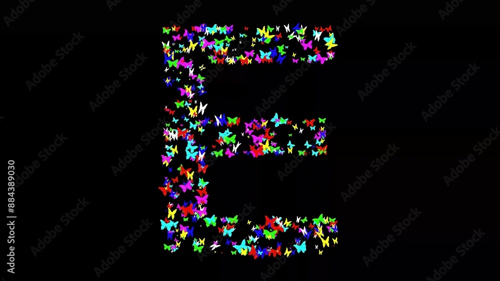 English alphabet E with colorful butterflies on plain black background English alphabet E with colorful butterflies on plain black background